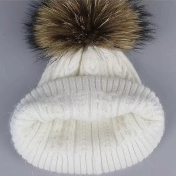 Wine Angora Fur Pompom Cable Knit Beanie - Picture 5 of 5